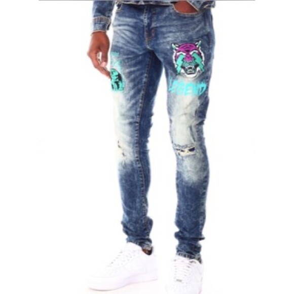 NWT BLACK PIKE LEGEND Embroidered Distressed Biker Stretch Slim Denim Jean 30X32 - Picture 1 of 13